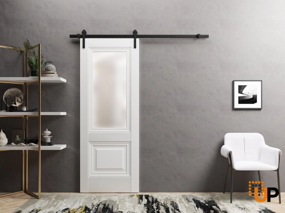Single solid core sliding classic interior barn door with frosted glass | Lucia 8822 White | 18 x 80 photo#2
