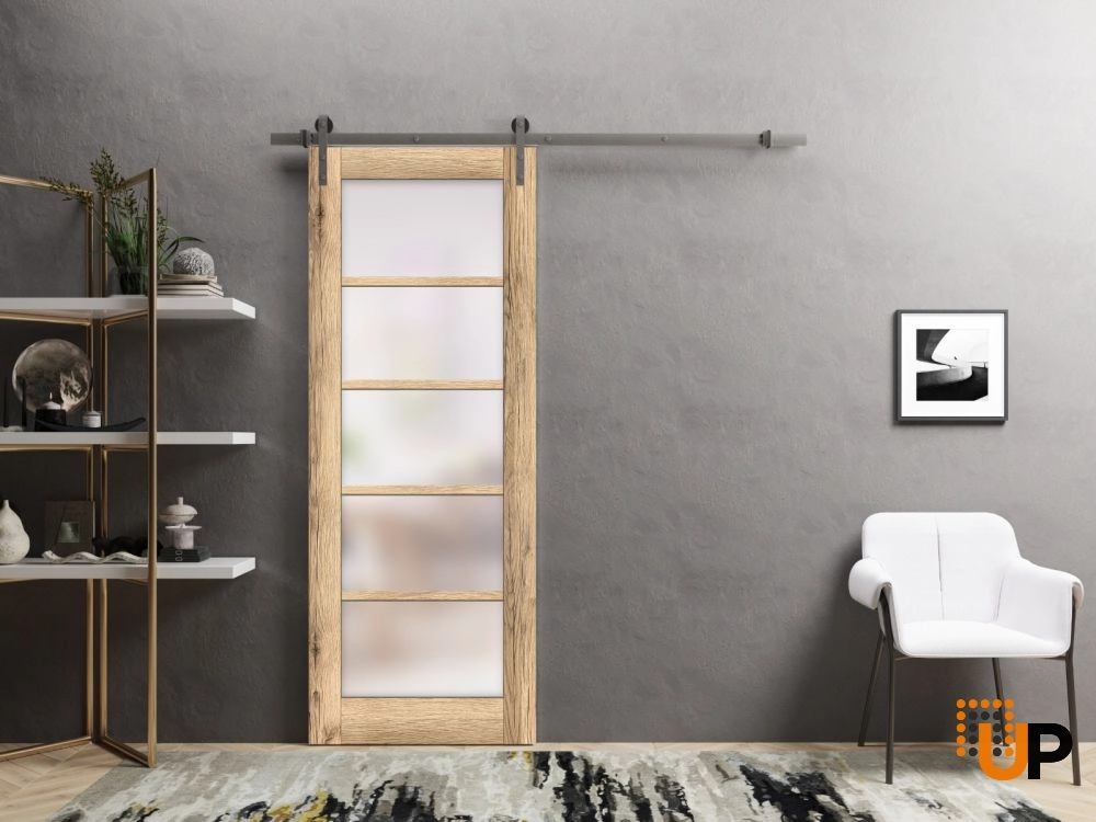 Single mdf sliding luxury interior barn door with frosted glass | Quadro 4002  Oak | 18 x 80 photo#2