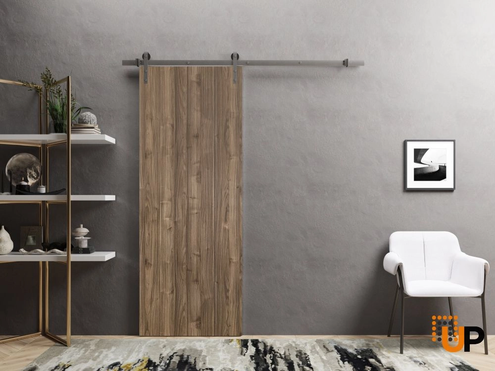 Single solid wood with honeycomb sliding modern interior barn door | Planum 0010 Walnut | 18 x 80 photo#2