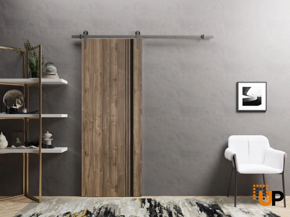 Single solid wood with honeycomb sliding modern interior barn door | Planum 0011 Walnut | 18 x 80 photo#2
