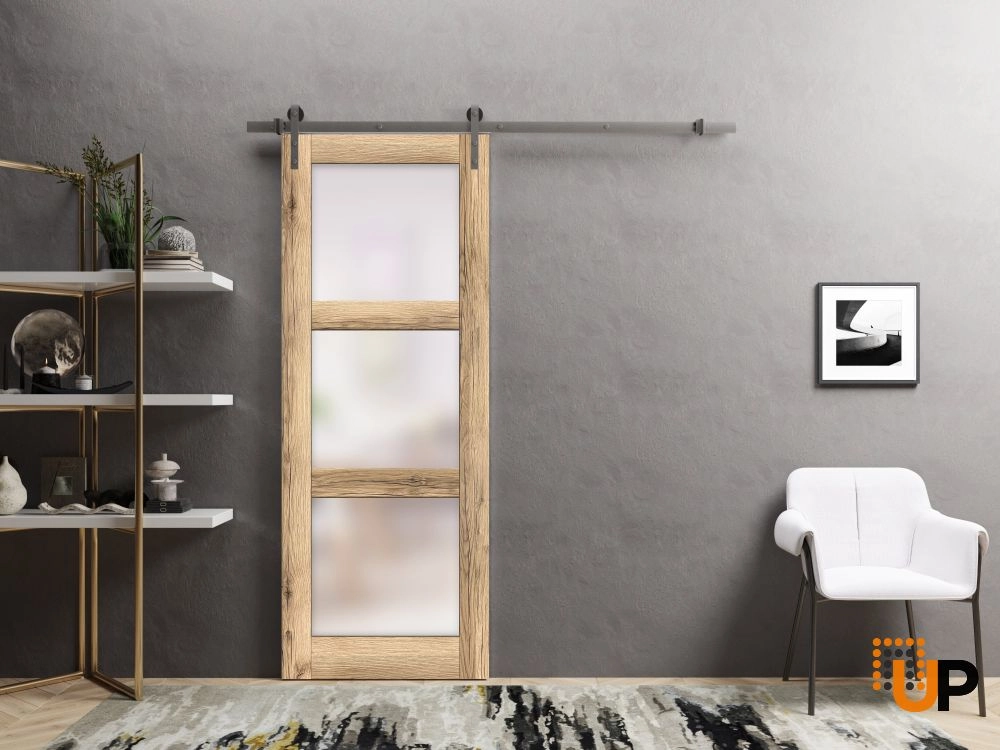 Single solid core sliding luxury interior barn door with frosted glass | Lucia 2552 Oak | 18 x 80 photo#2