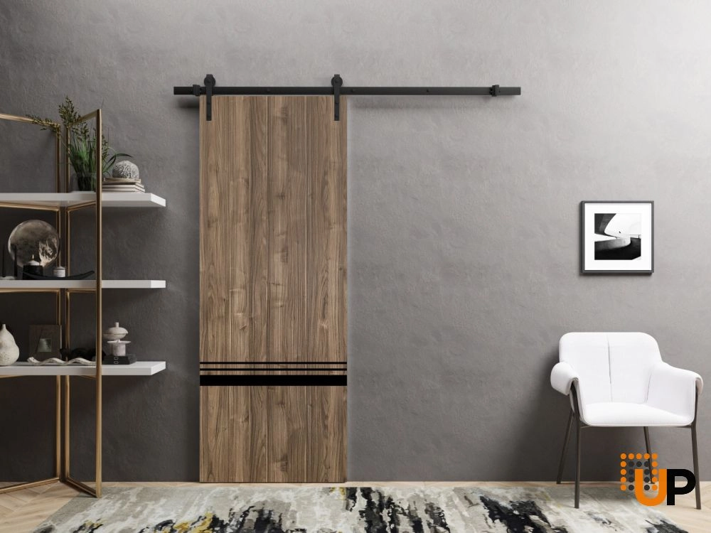 Single solid wood with honeycomb sliding modern interior barn door | Planum 0012 Walnut | 18 x 80 photo#2
