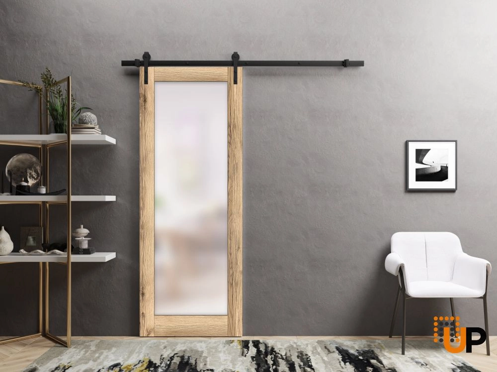 Single mdf sliding luxury interior barn door with frosted glass | Planum 2102 Oak | 18 x 80 photo#2