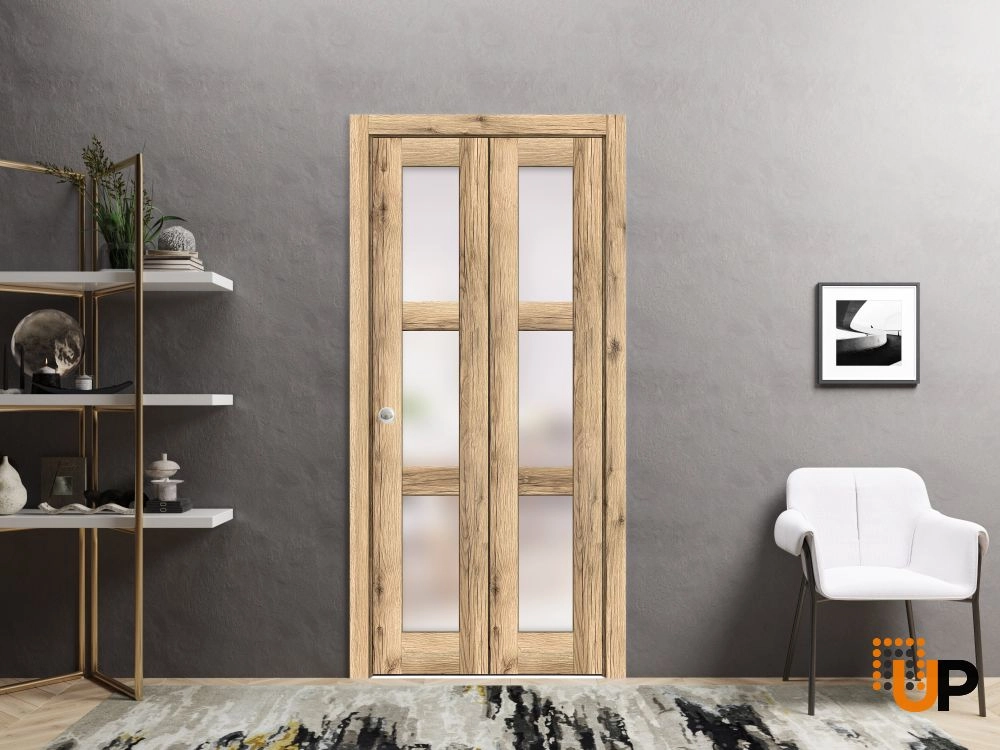 2 folding panels solid core sliding french interior bi-fold door with frosted glass | Lucia 2552 Oak | 36 x 80 (2* 18x80) photo#2