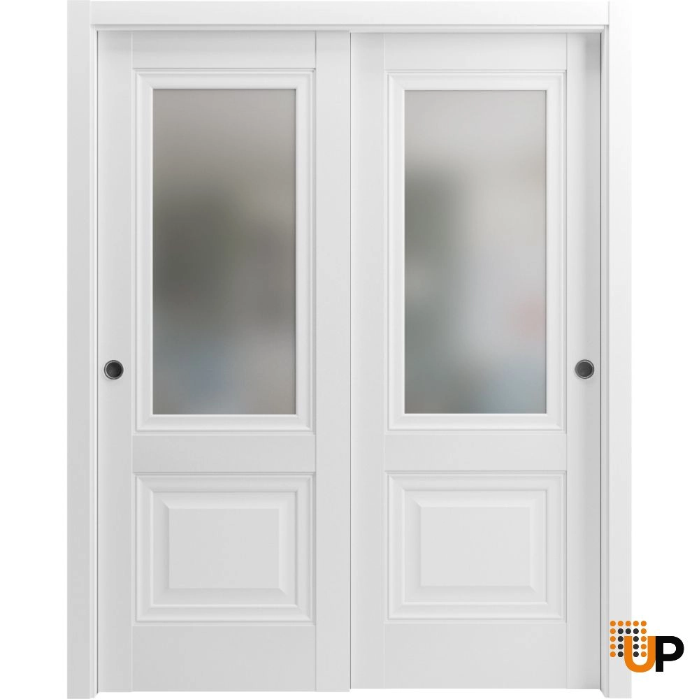 Double solid core sliding classic interior closet bypass door with frosted glass | Lucia 8822 White | 36 x 80 (2* 18x80) photo#1