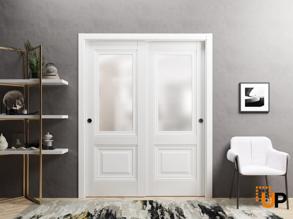 Double solid core sliding classic interior closet bypass door with frosted glass | Lucia 8822 White | 36 x 80 (2* 18x80) photo#2