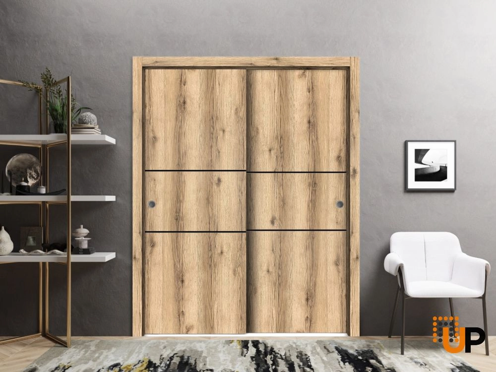 Double solid wood with honeycomb sliding modern interior closet bypass door | Planum 0014 Oak | 36 x 80 (2* 18x80) photo#2