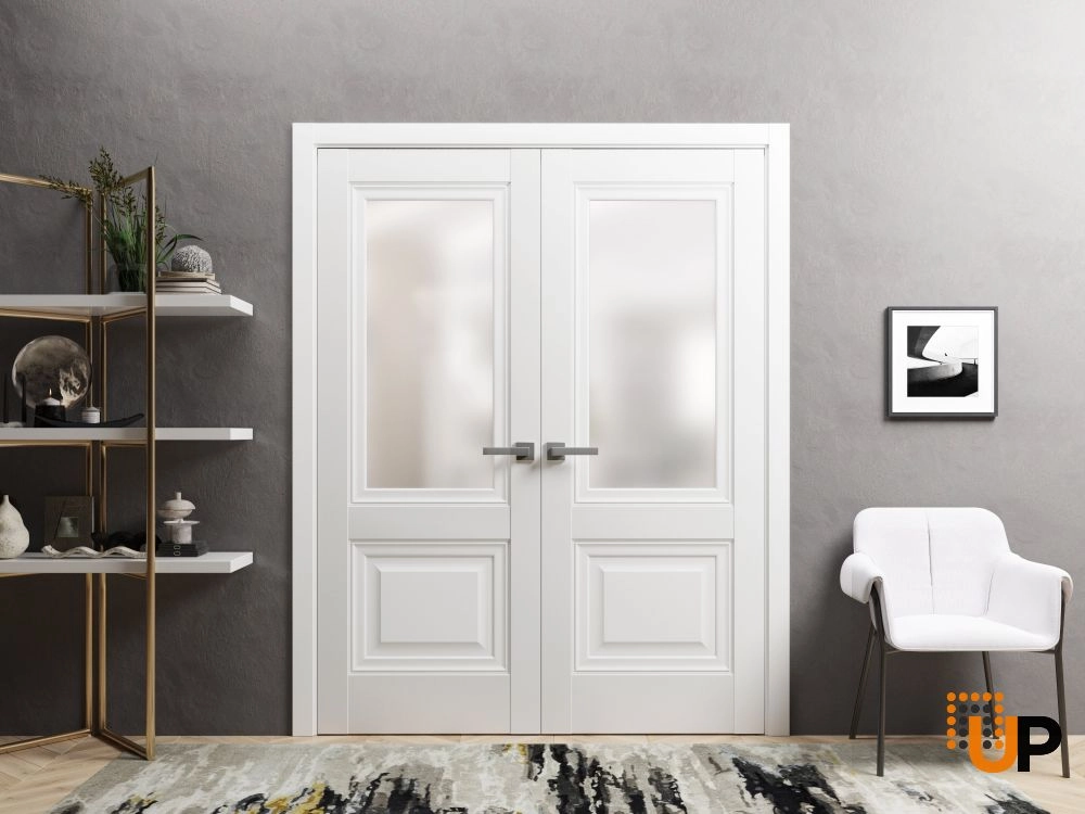 Double solid core french interior swing double door with frosted glass | Lucia 8822 White | 36 x 80 (2* 18x80) photo#2