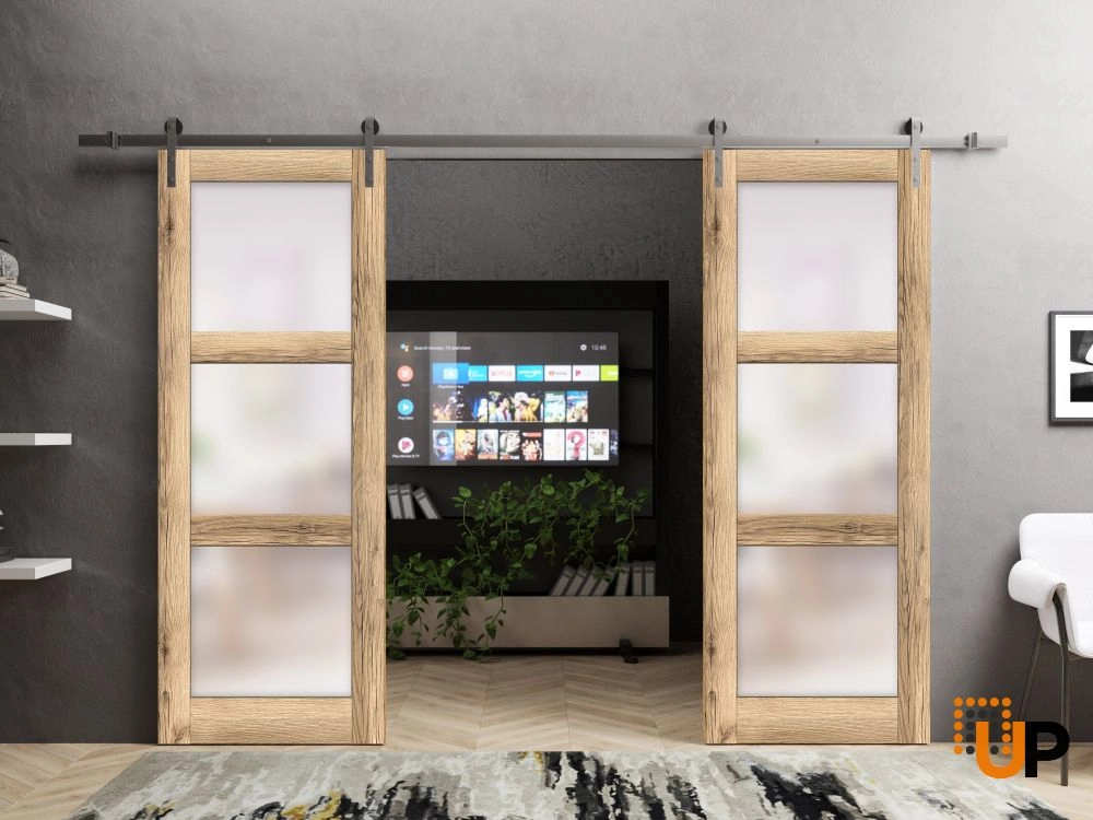 Double solid core sliding french interior barn double door with frosted glass | Lucia 2552 Oak | 36 x 80 (2* 18x80) photo#2