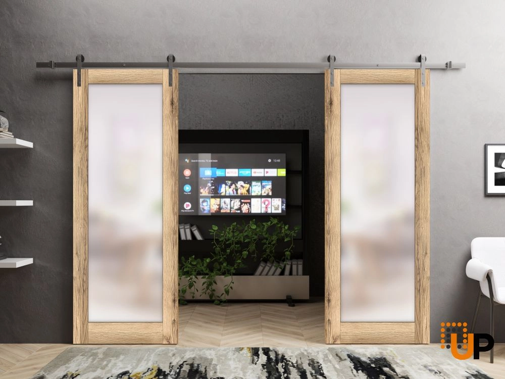 Double mdf sliding french interior barn double door with frosted glass | Planum 2102 Oak | 36 x 80 (2* 18x80) photo#2