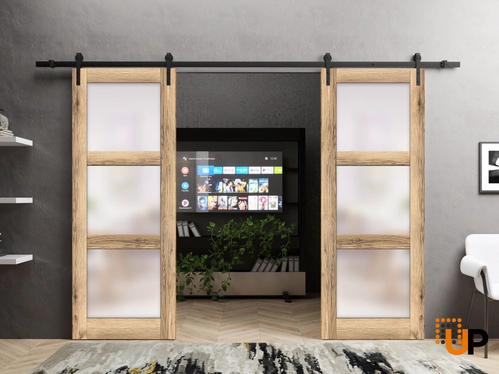 Double solid core sliding french interior barn double door with frosted glass | Lucia 2552 Oak | 36 x 80 (2* 18x80) photo#2