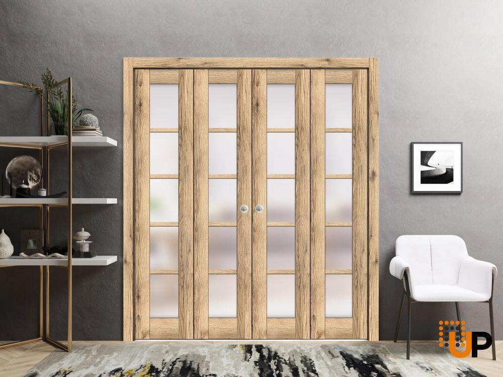 4 folding panels mdf sliding french interior bi-fold double door with frosted glass | Quadro 4002  Oak | 72 x 80 (4* 18x80) photo#2
