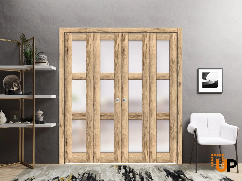 4 folding panels solid core sliding french interior bi-fold double door with frosted glass | Lucia 2552 Oak | 72 x 80 (4* 18x80) photo#2