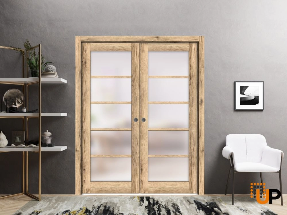 Double mdf sliding french interior pocket double door with frosted glass | Quadro 4002  Oak | 60 x 84 (2* 30x84) photo#2