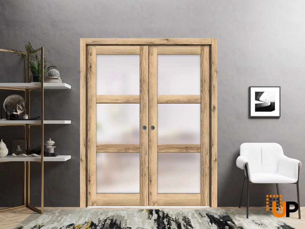 Single solid core luxury interior door slab with frosted glass | Lucia 2552 Oak | 18 x 80 photo#3