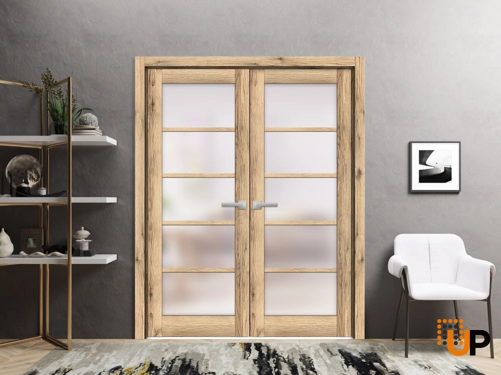 Double mdf french interior swing double door with frosted glass | Quadro 4002  Oak | 36 x 80 (2* 18x80) photo#2