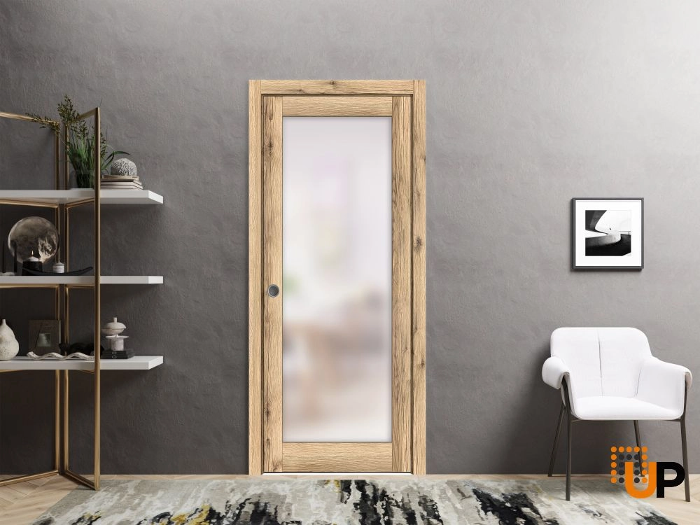 Single mdf sliding luxury interior pocket door with frosted glass | Planum 2102 Oak | 18 x 80 photo#2