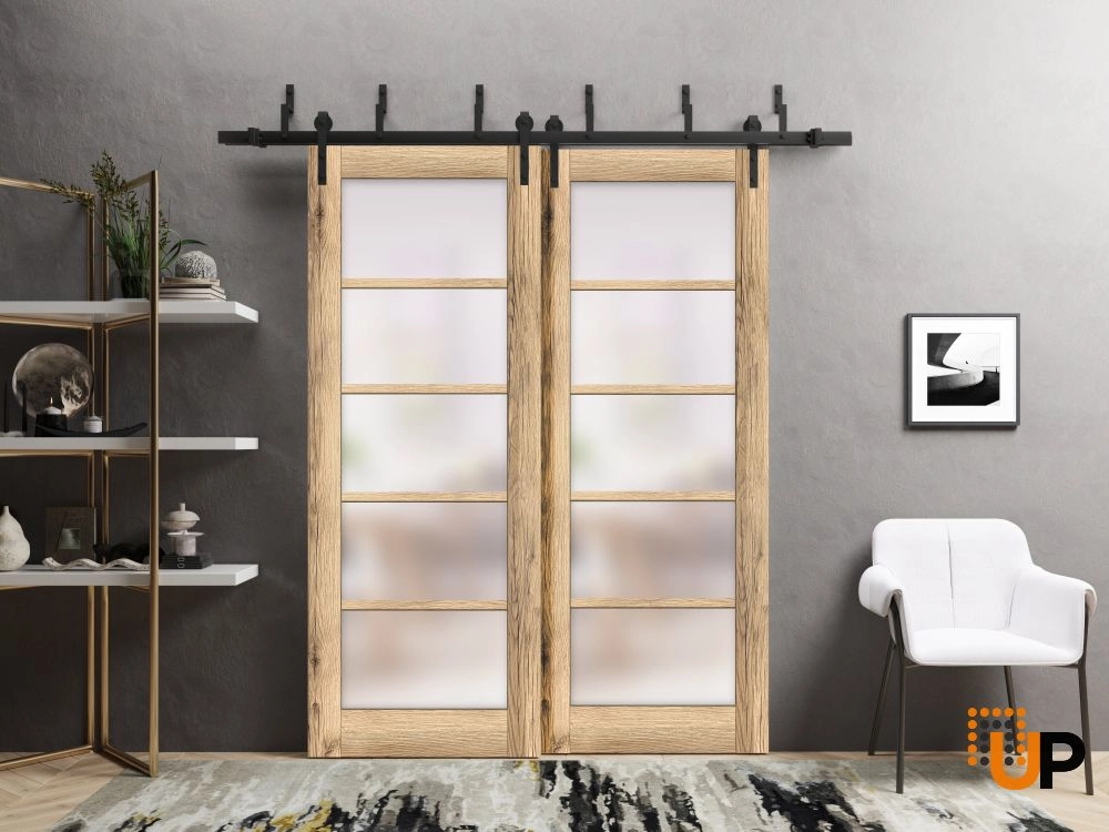 Double mdf sliding luxury interior barn bypass door with frosted glass | Quadro 4002  Oak | 36 x 80 (2* 18x80) photo#2
