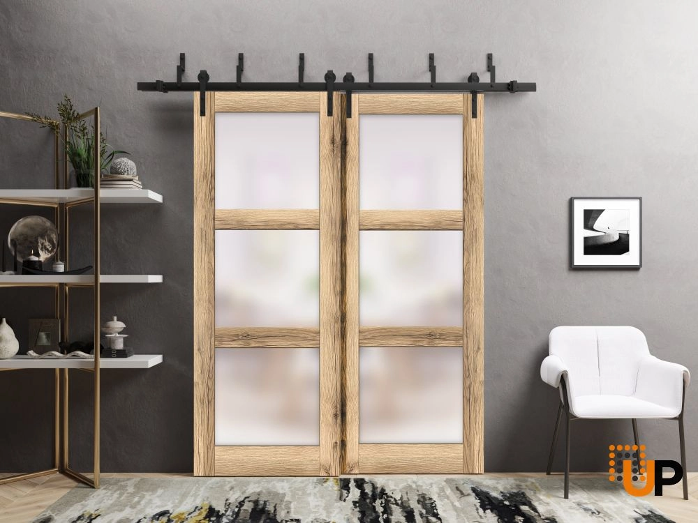Double solid core sliding luxury interior barn bypass door with frosted glass | Lucia 2552 Oak | 36 x 80 (2* 18x80) photo#2