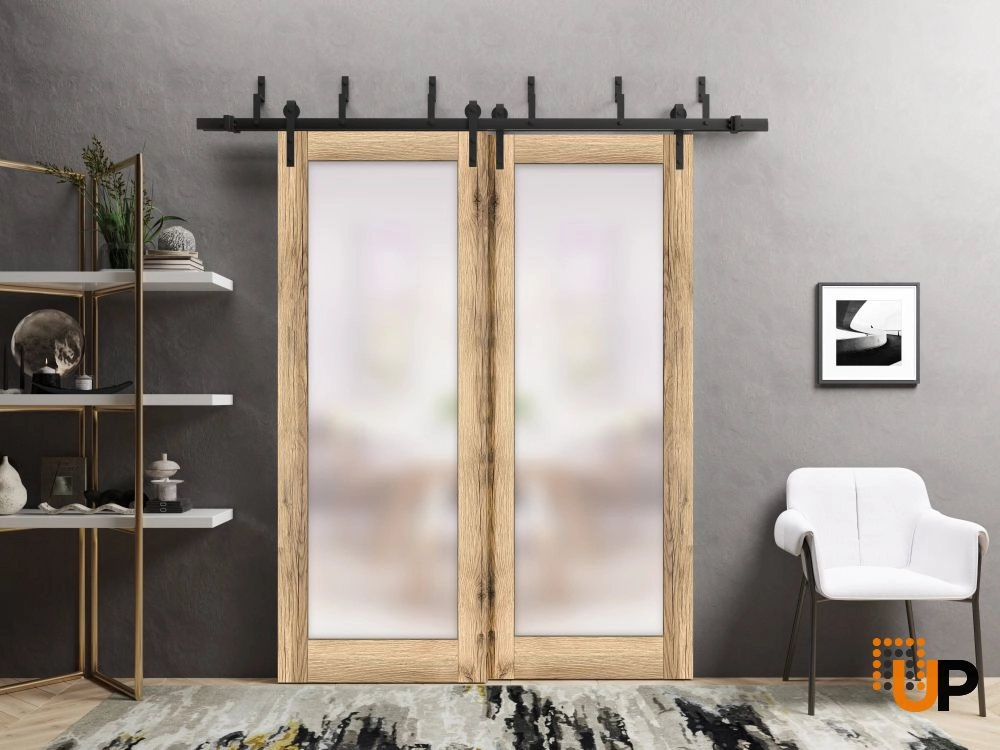 Double mdf sliding luxury interior barn bypass door with frosted glass | Planum 2102 Oak | 36 x 80 (2* 18x80) photo#2