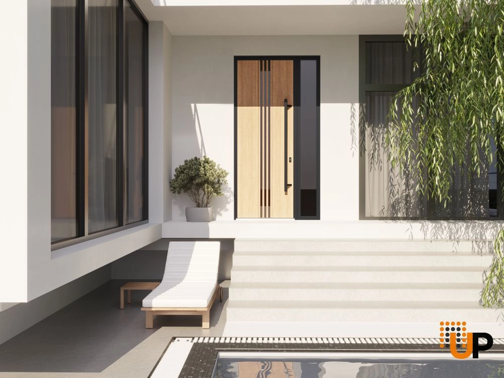 Single swing metal-aluminum modern exterior door with triplex | Ronex 1055 Oak | 48 x 112 (W36+12 x H96+16) photo#3