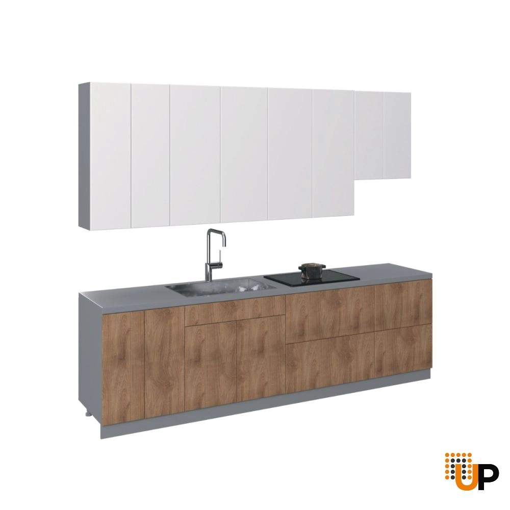 Kitchen Contemporary Collection Natural Teak & White Gloss Color Base Size 9.5Ft Wide photo#1
