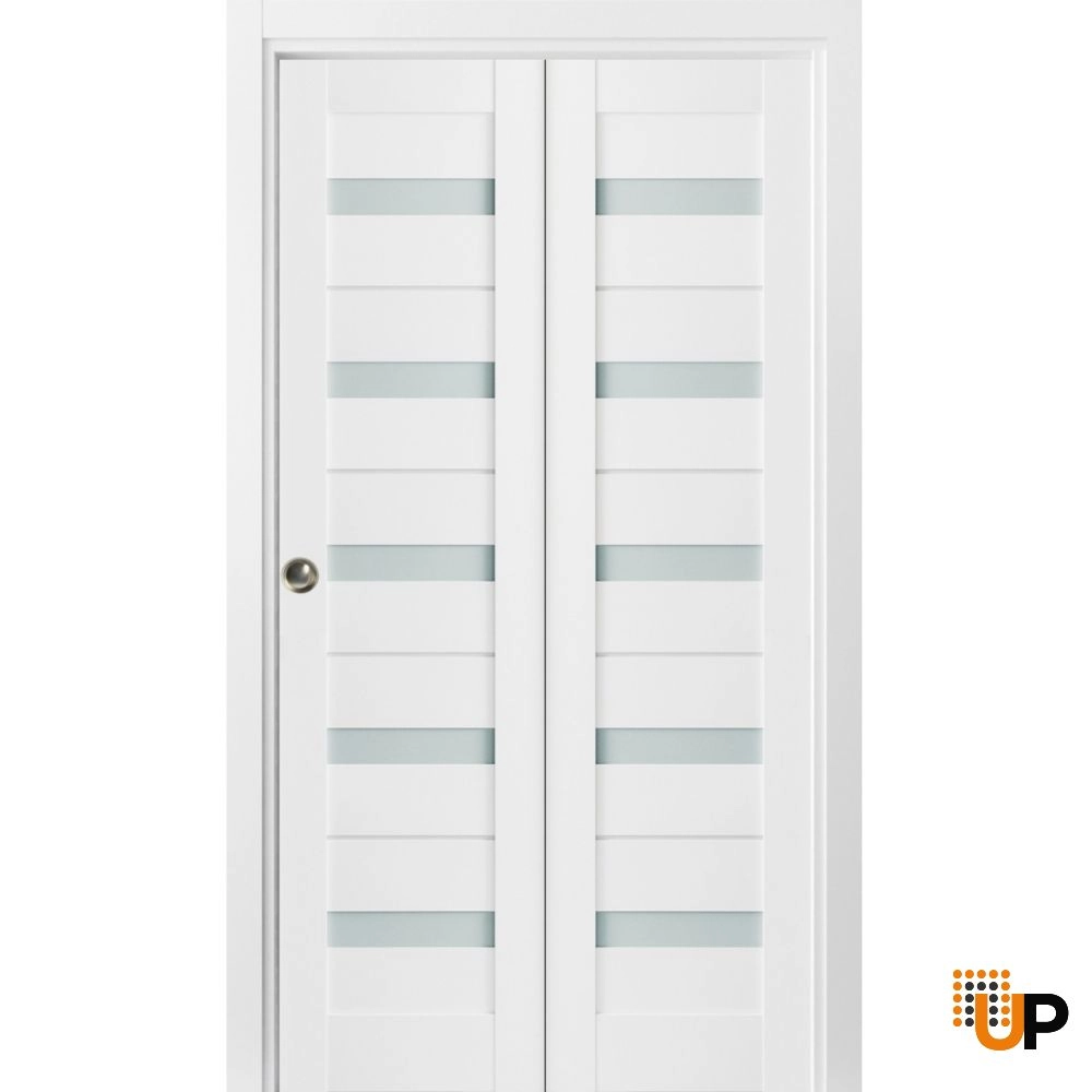 2 folding panels mdf sliding modern interior bi-fold door with frosted glass | Quadro 4445  White | 36 x 80 (2* 18x80) photo#1