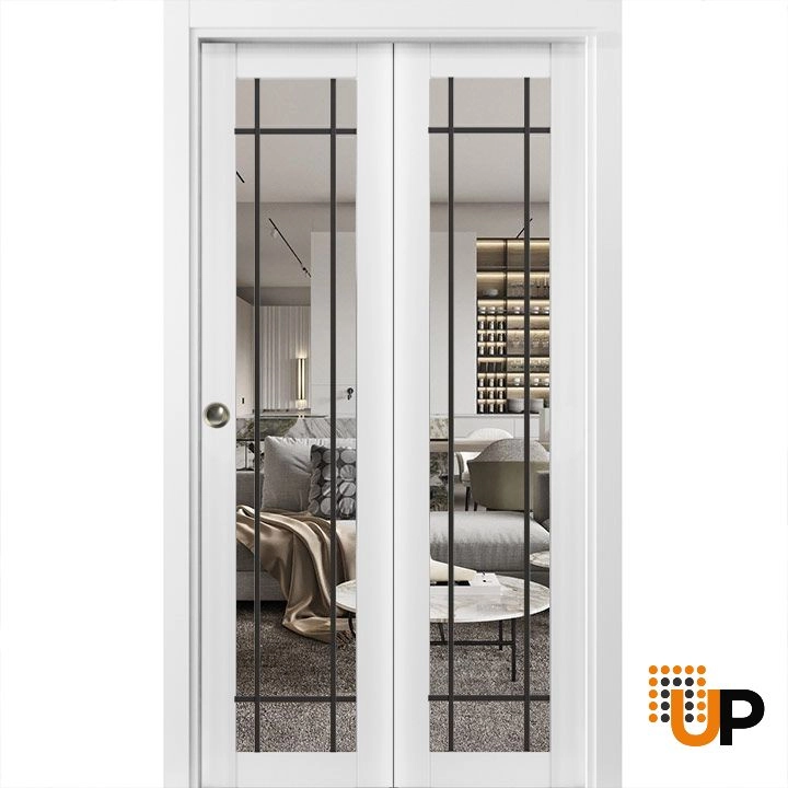 2 folding panels solid core sliding french interior bi-fold door with clear glass | Lucia 2266 White | 36 x 80 photo#1