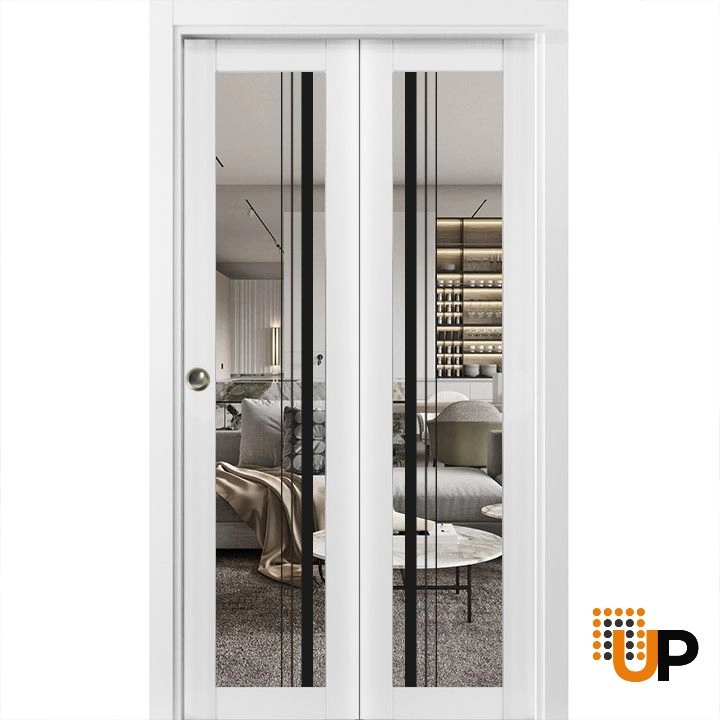 2 folding panels solid core sliding french interior bi-fold door with clear glass | Lucia 2566 White | 36 x 80 (2* 18x80) photo#1