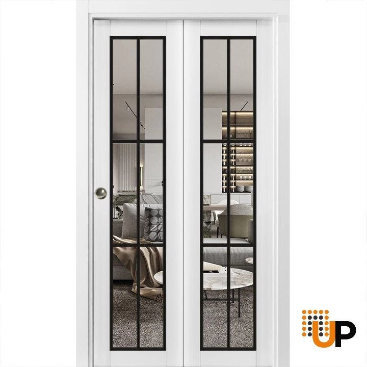 2 folding panels solid core sliding french interior bi-fold door with clear glass | Lucia 2366 White | 36 x 80 (2* 18x80) photo#1