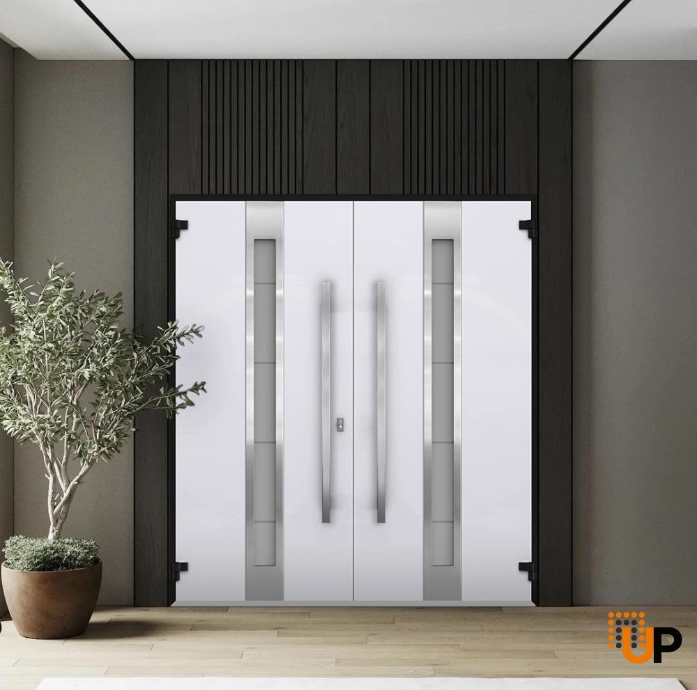 Double swing metal-aluminum modern exterior door with triplex | Deux 1744 Oak | 96 x 80 photo#4