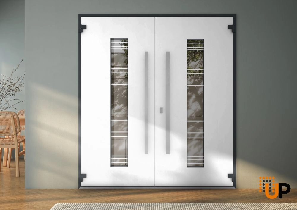 Double swing metal-aluminum modern exterior door with clear-mirrored glass | Deux 5755 Gray Graphite | 72 x 80 (72 x 80) photo#4