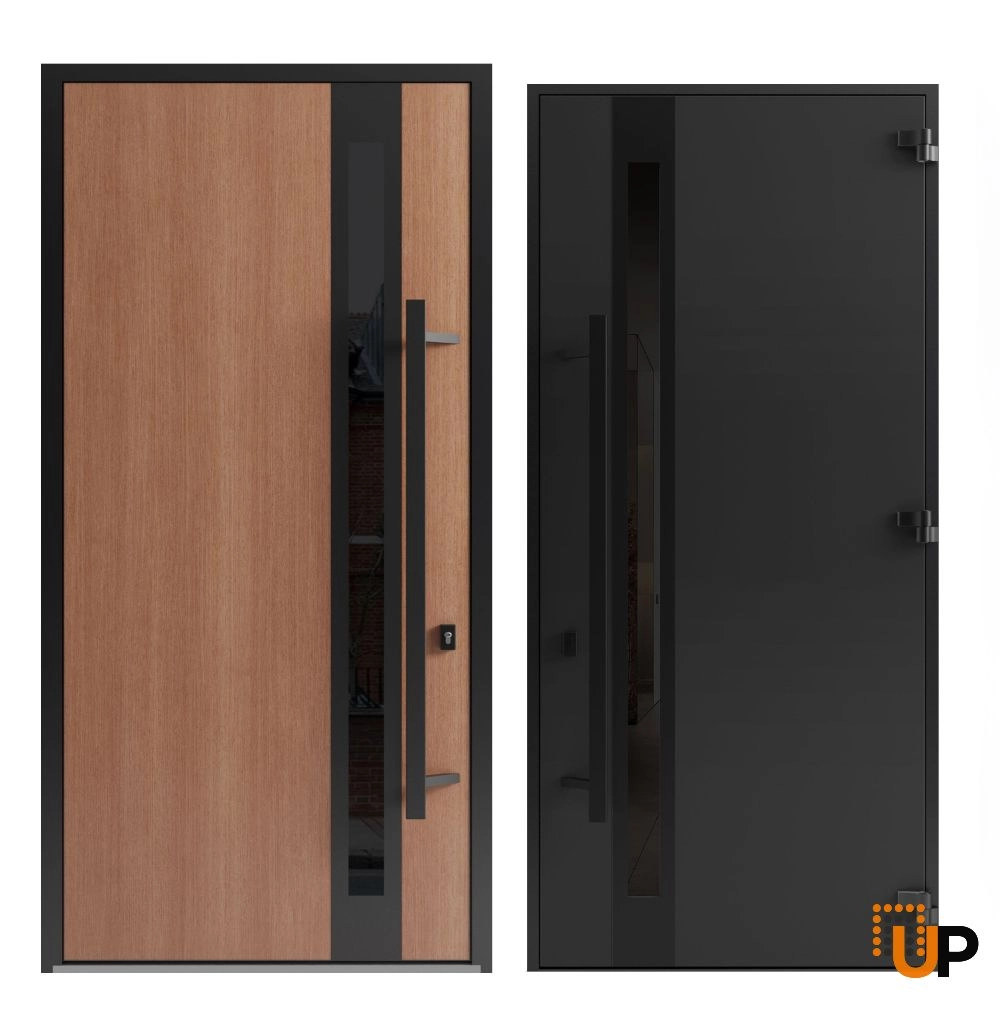 Single swing metal-aluminum modern exterior door with triplex | Ronex 1033 Oak | 60 x 96 (12+36+12 x 96) photo#5