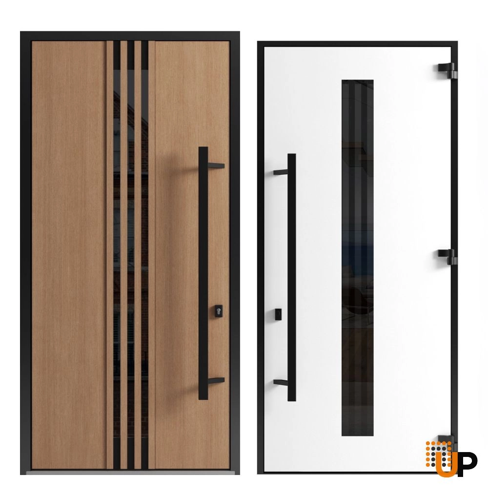 Single swing metal-aluminum modern exterior door with triplex | Ronex 1055 Oak | 36 x 96 photo#5