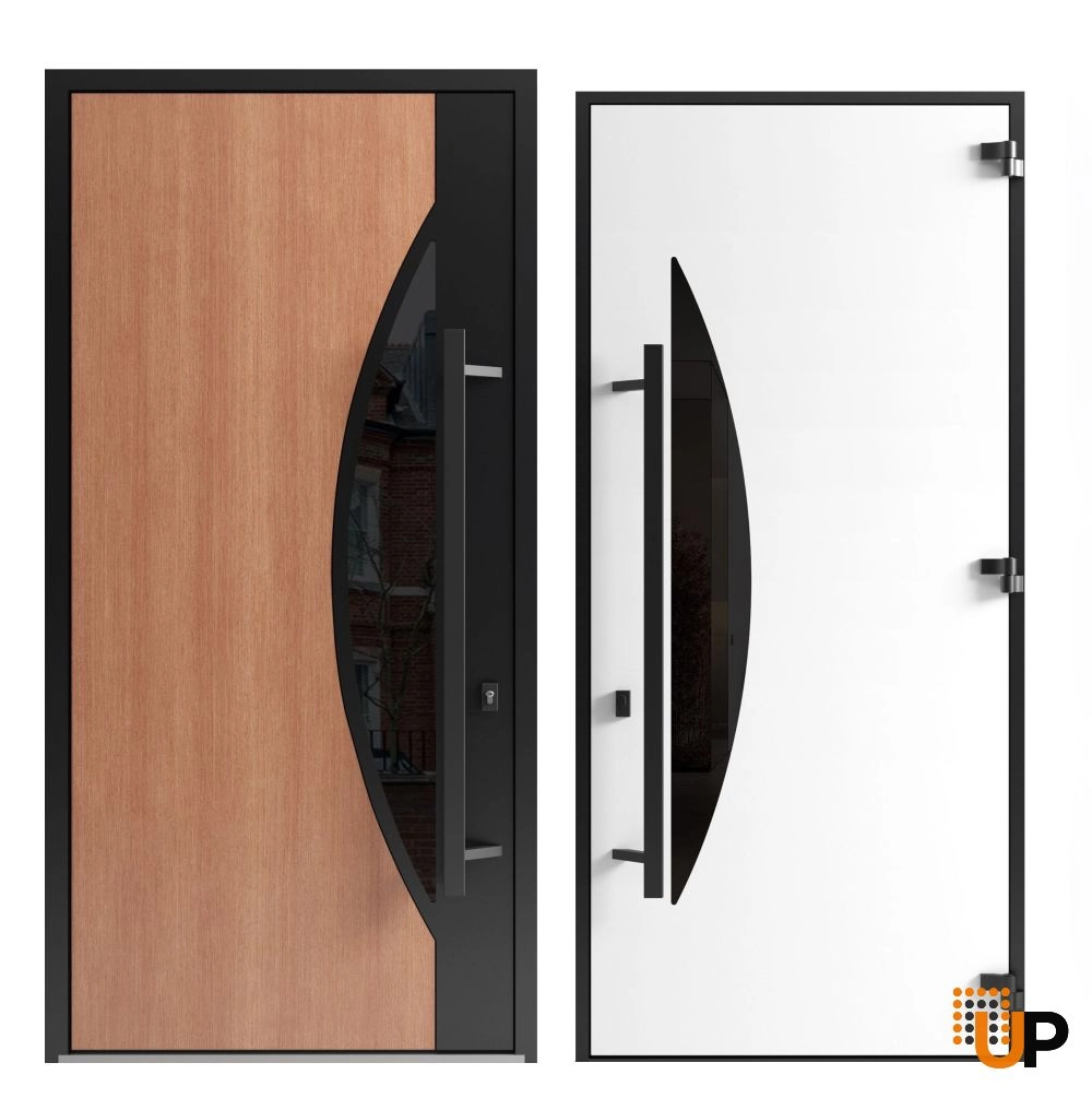 Single swing metal-aluminum modern exterior door with triplex | Ronex 1077 Teak | 36 x 112 (W36 x H96+16) photo#5