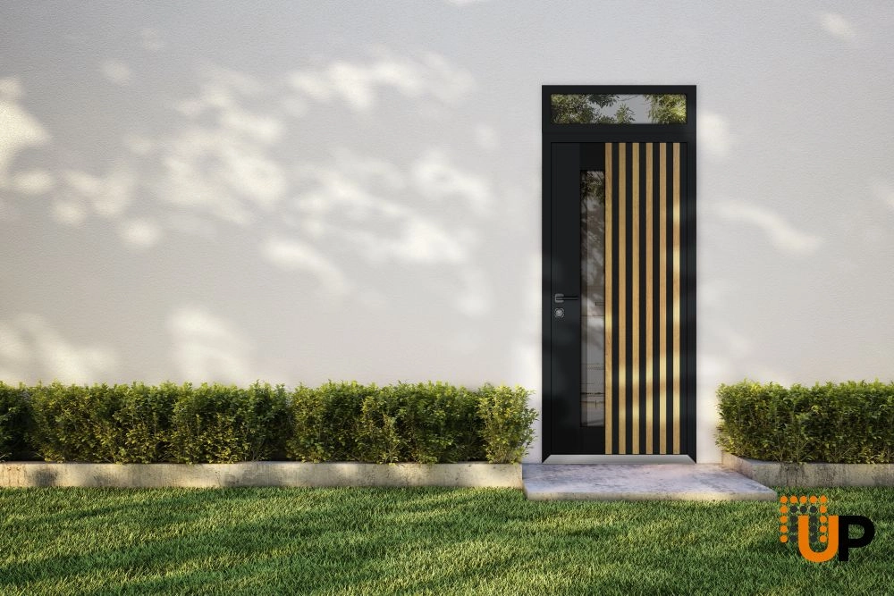 Single swing metal-aluminum modern exterior door with triplex glass | Cynex 6113 Natural Oak | 36 x 92 (36 x 80+12) photo#3