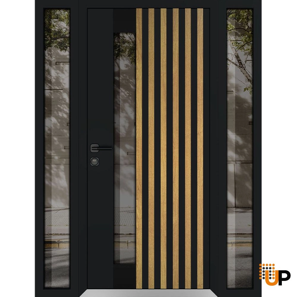Single swing metal-aluminum modern exterior door with triplex glass | Cynex 6113 Natural Oak | 64 x 80 (14+36+14 x 80) photo#1