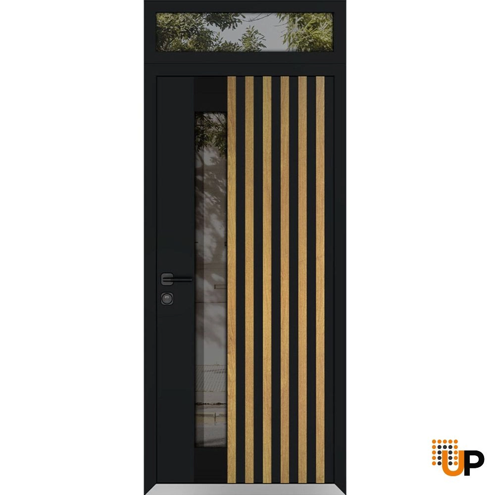 Single swing metal-aluminum modern exterior door with triplex glass | Cynex 6113 Natural Oak | 36 x 92 (36 x 80+12) photo#1