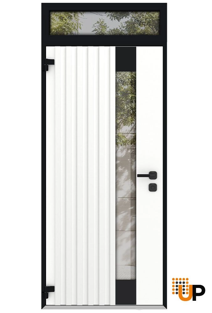 Single swing metal-aluminum modern exterior door with triplex glass | Cynex 6113 Natural Oak | 36 x 92 (36 x 80+12) photo#2