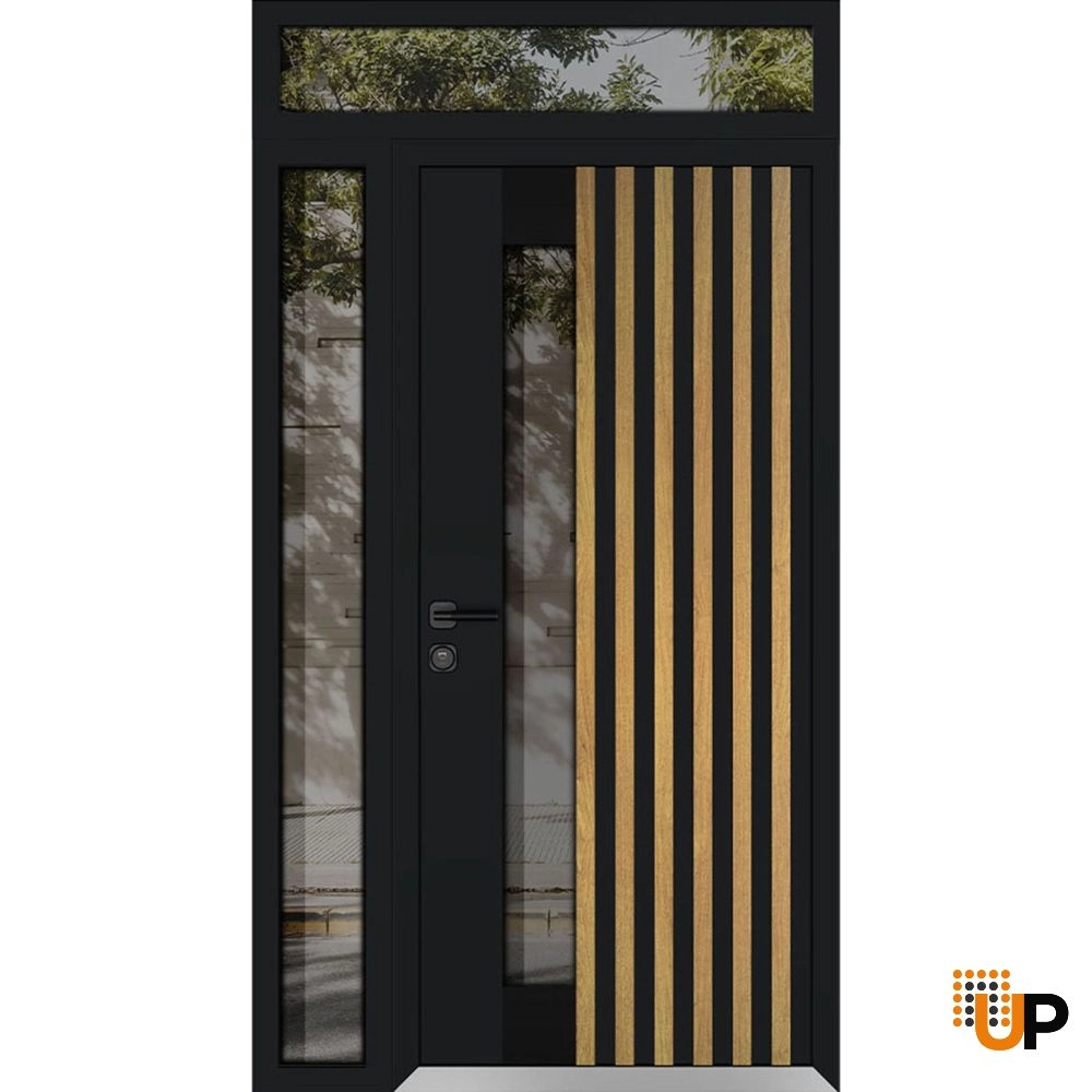 Single swing metal-aluminum modern exterior door with triplex glass | Cynex 6113 Natural Oak | 50 x 94 (36+14 x 80+14) photo#1