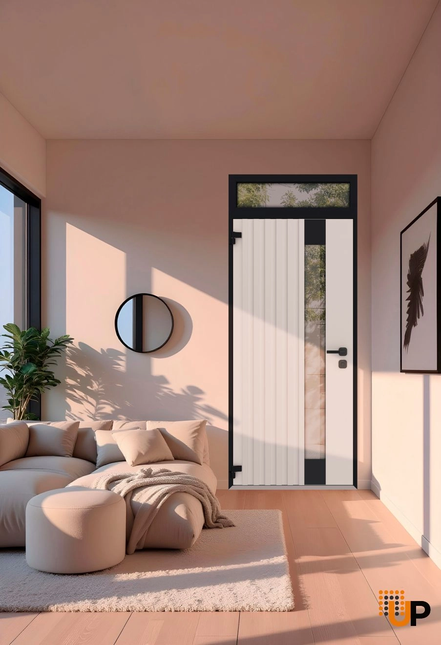 Single swing metal-aluminum modern exterior door with triplex glass | Cynex 6113 Natural Oak | 36 x 92 (36 x 80+12) photo#4