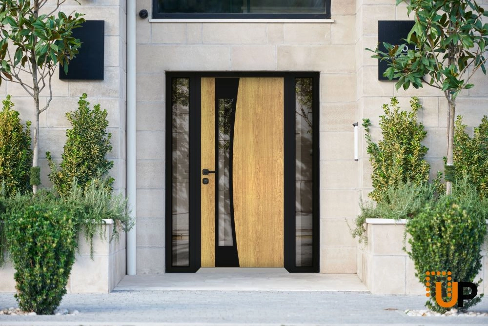 Single swing metal-aluminum modern exterior door with triplex glass | Cynex 6116 Natural Oak | 64 x 80 (14+36+14 x 80) photo#3