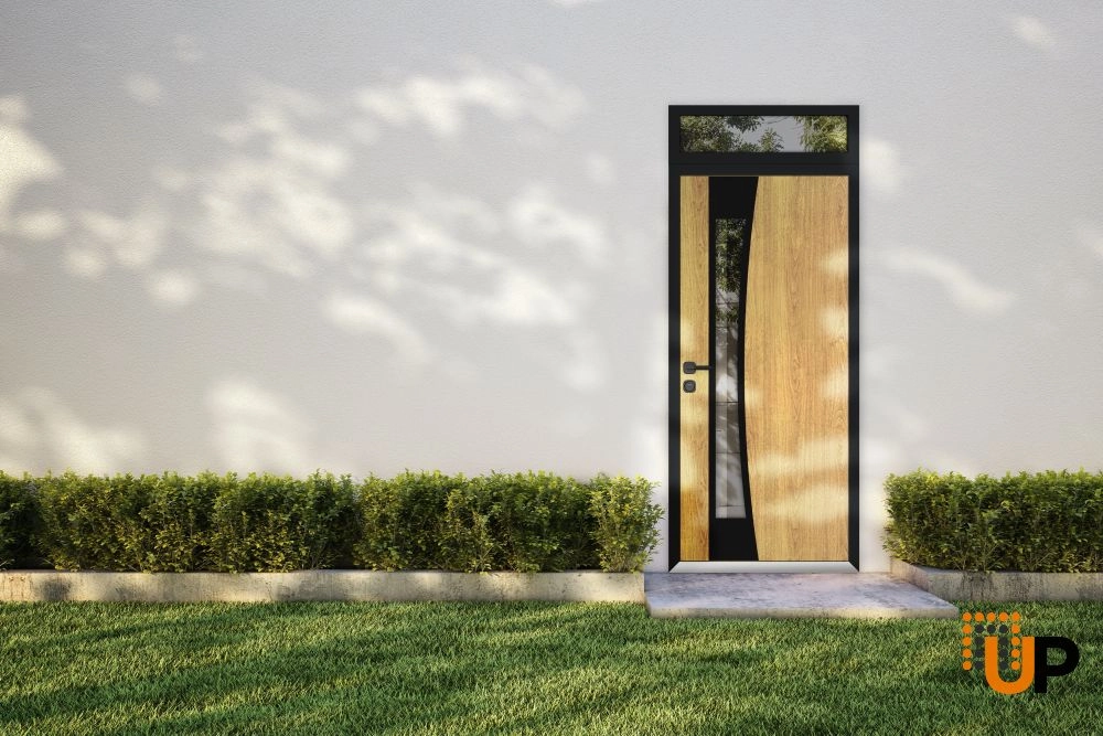 Single swing metal-aluminum modern exterior door with triplex glass | Cynex 6116 Natural Oak | 36 x 96 (36 x 80+16) photo#3