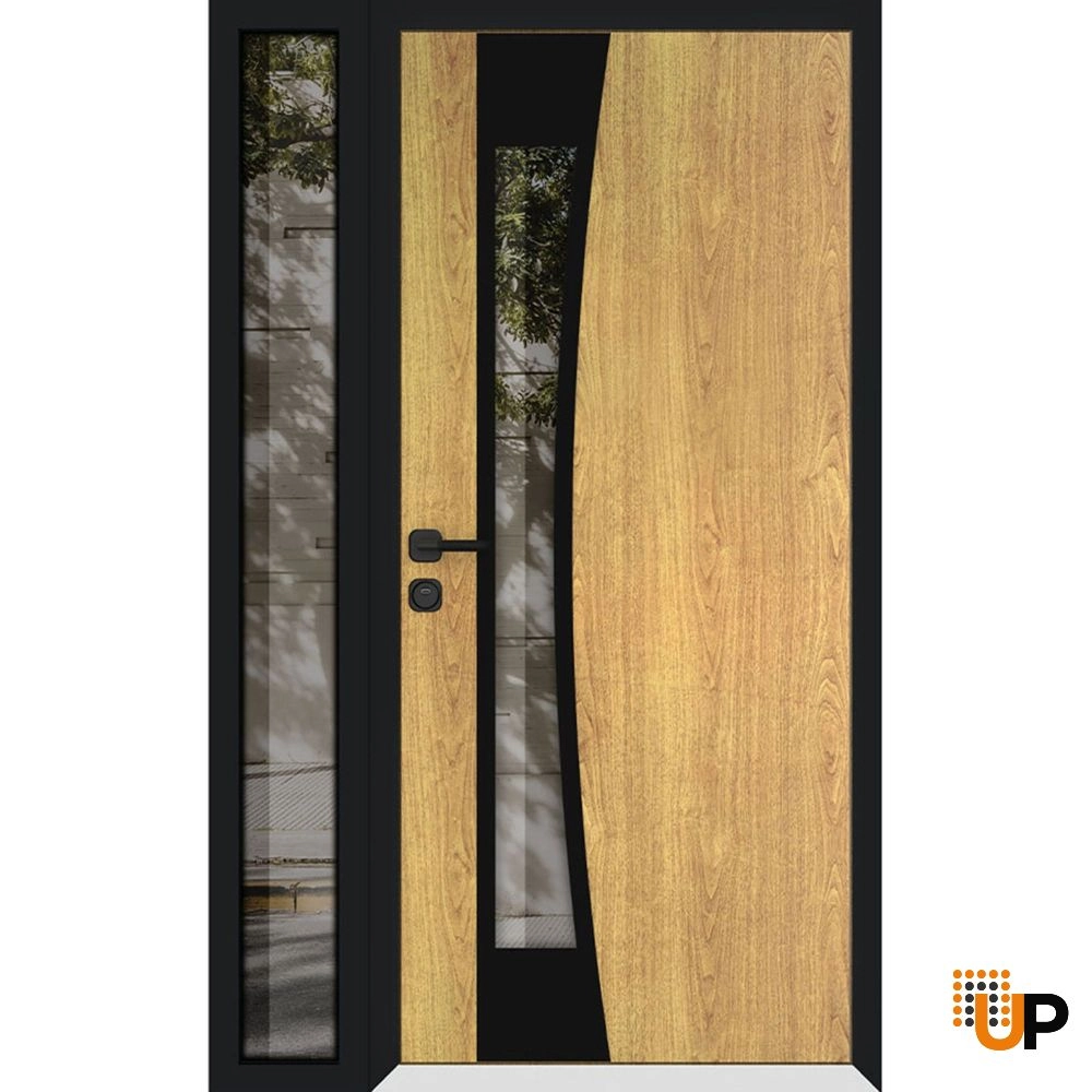 Single swing metal-aluminum modern exterior door with triplex glass | Cynex 6116 Natural Oak | 52 x 80 (36+16 x 80) photo#1