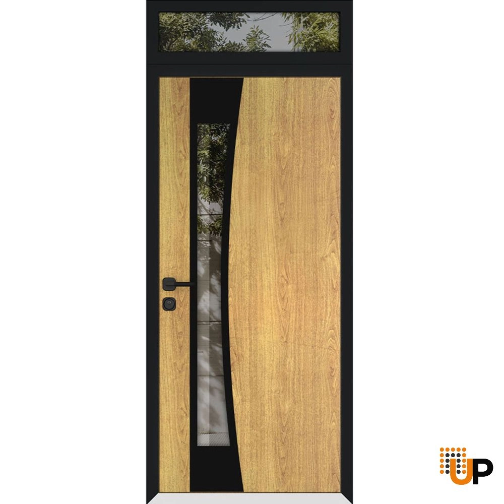 Single swing metal-aluminum modern exterior door with triplex glass | Cynex 6116 Natural Oak | 36 x 96 (36 x 80+16) photo#1