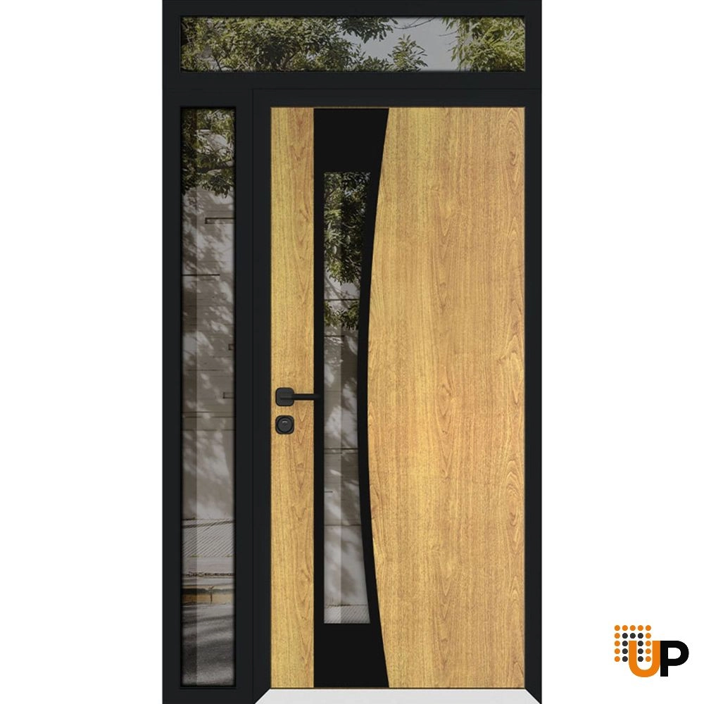 Single swing metal-aluminum modern exterior door with triplex glass | Cynex 6116 Natural Oak | 50 x 94 (36+14 x 80+14) photo#1