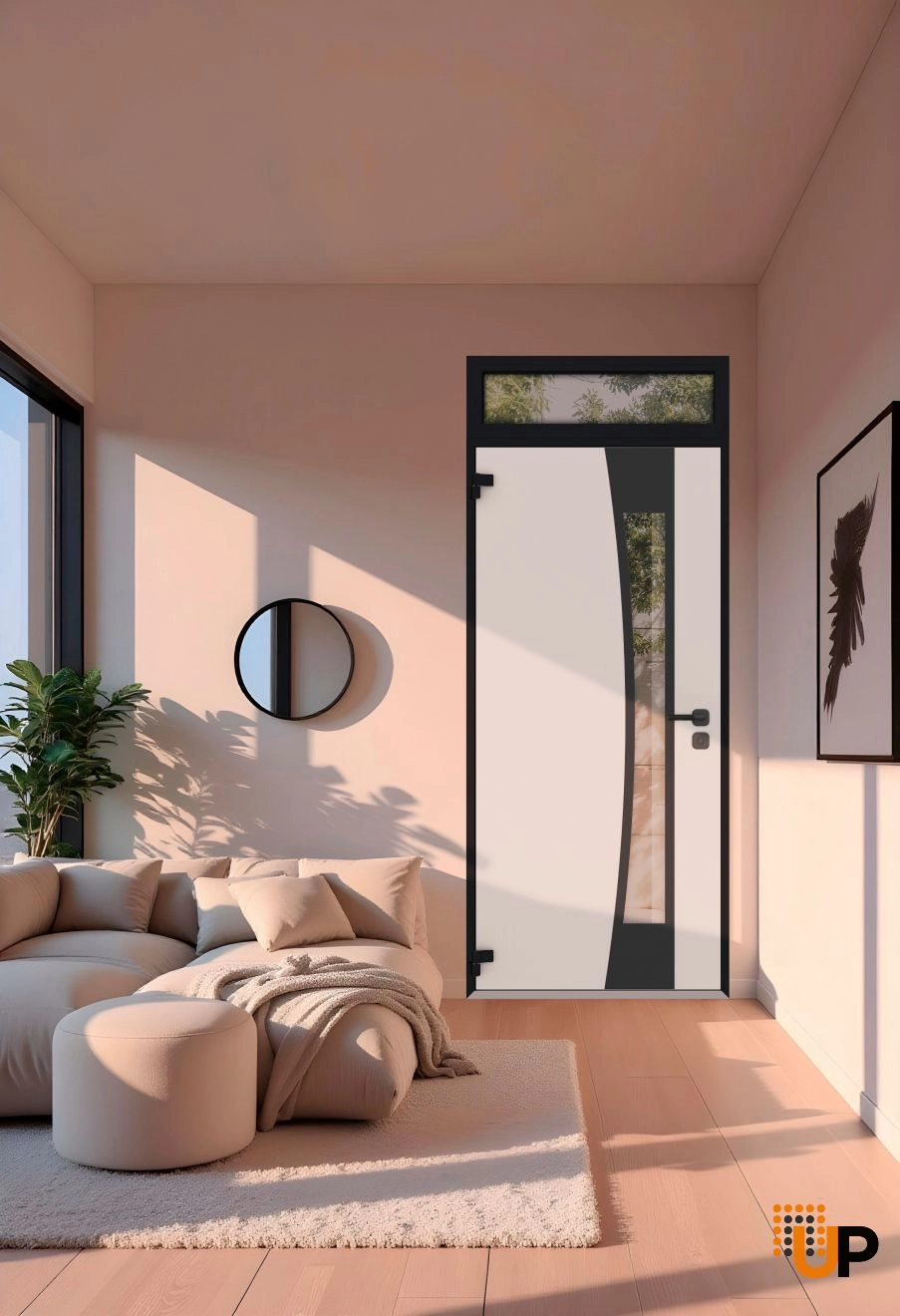 Single swing metal-aluminum modern exterior door with triplex glass | Cynex 6116 Natural Oak | 36 x 96 (36 x 80+16) photo#4