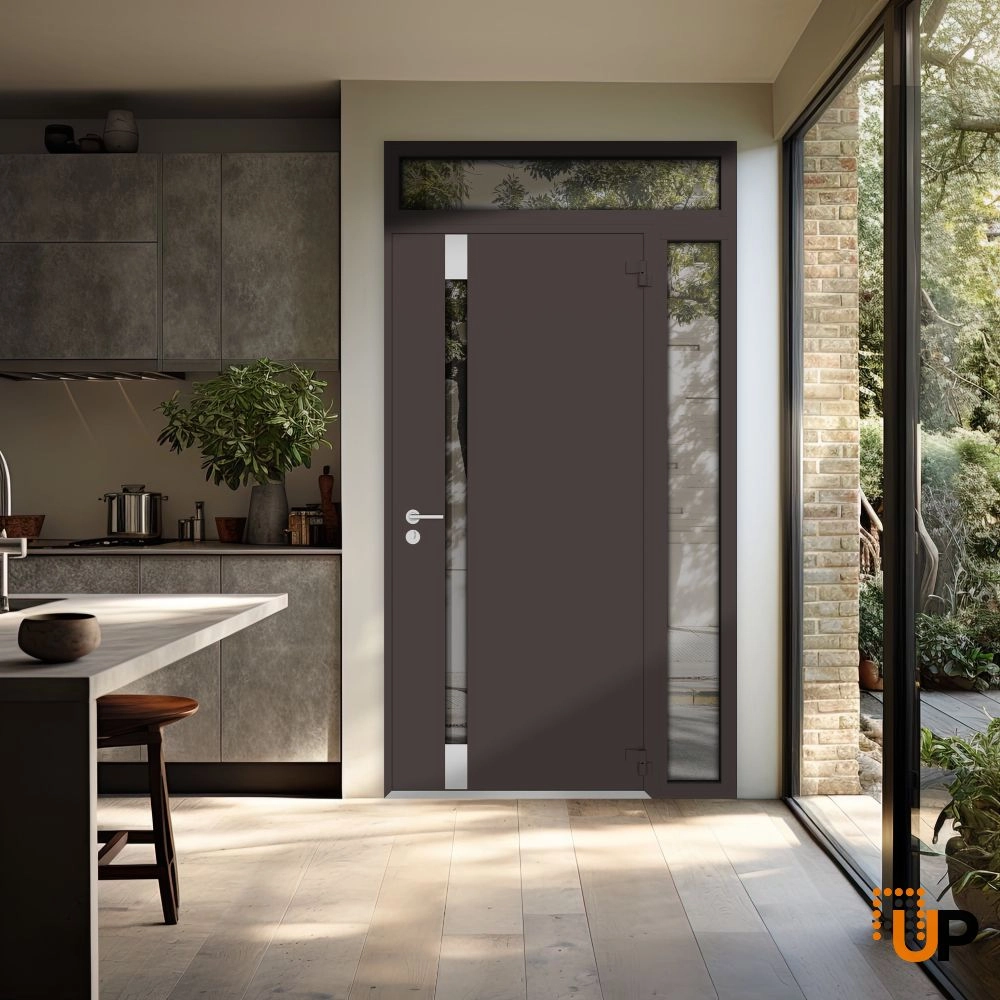Single swing metal-aluminum modern exterior door with triplex glass | Cynex 6777 Brown | 46 x 96 (32+14 x 80+16) photo#4