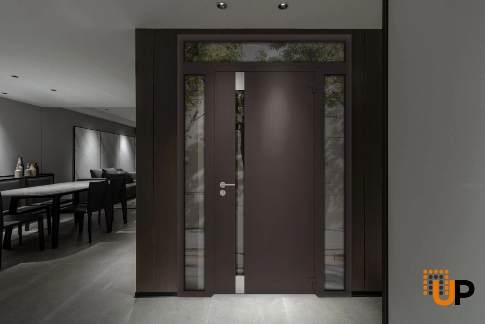 Single swing metal-aluminum modern exterior door with triplex glass | Cynex 6777 Brown | 64 x 94 (16+32+16 x 80+14) photo#4