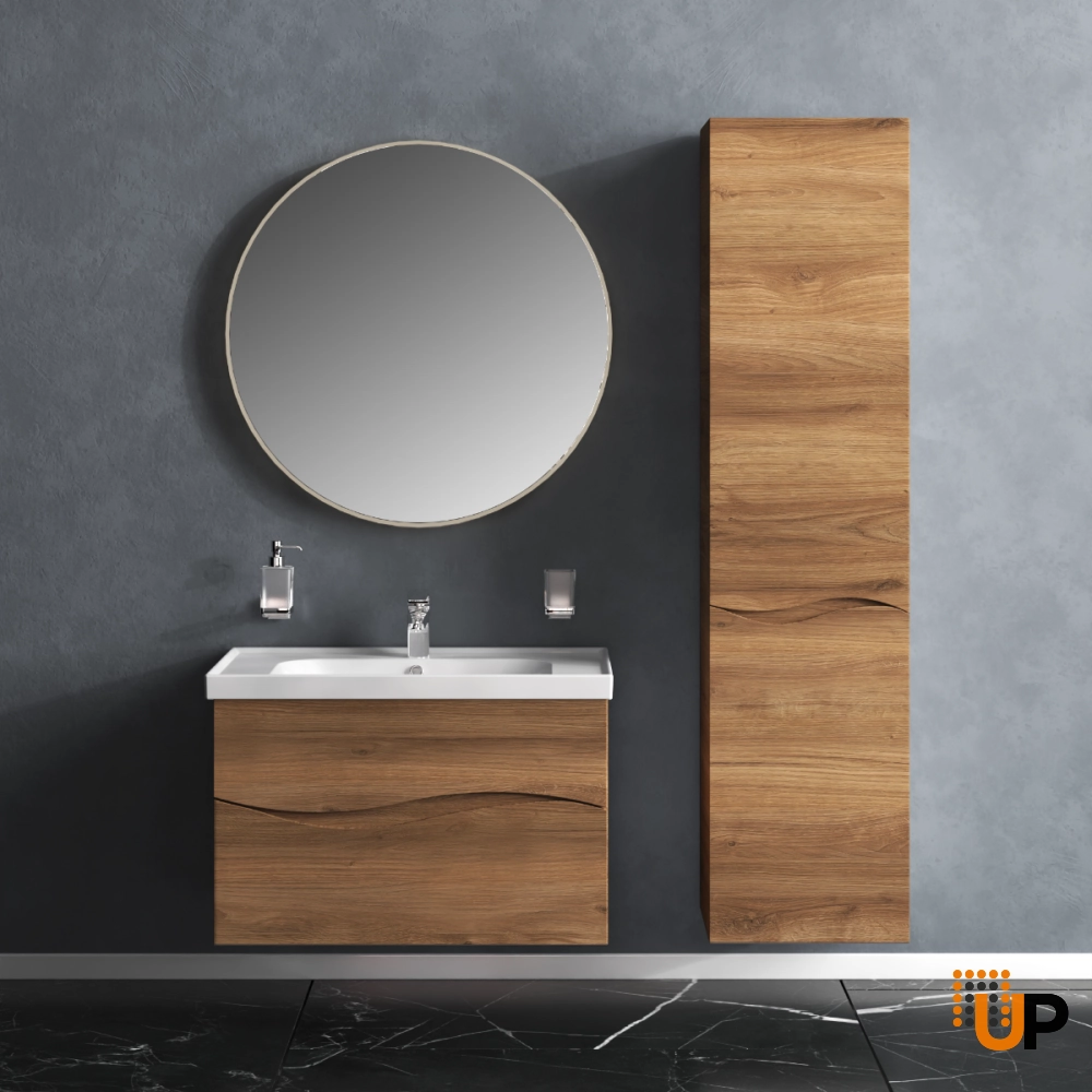 Modern Wall-Mount Bathroom Vanity with Washbasin | Wave Teak Natural Collection | Non-Toxic Fire-Resistant MDF-26" photo#2